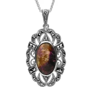 Sterling Silver Blue John Marcasite Lace Edged Oval Necklace