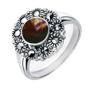 Sterling Silver Blue John Marcasite Round Centre Beaded Edge Ring