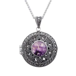 Sterling Silver Blue John Marcasite Round Floral Locket Necklace