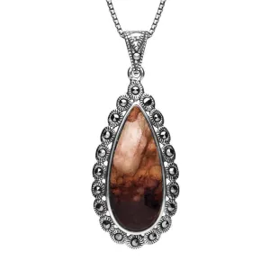 Sterling Silver Blue John Marcasite Scalloped Edge Pear Necklace