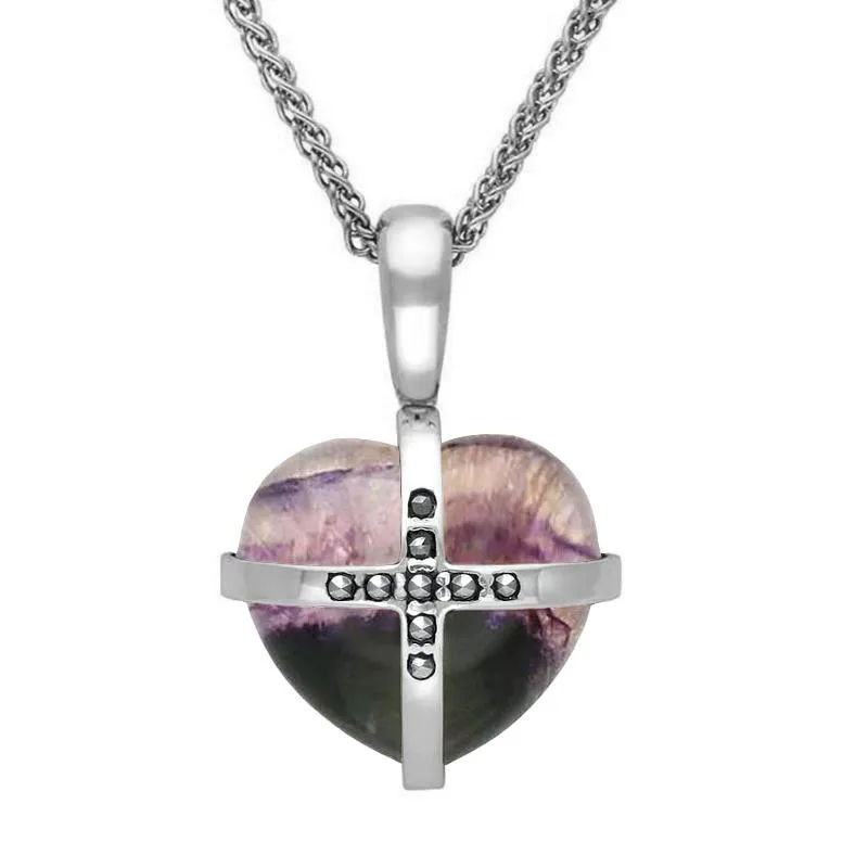Sterling Silver Blue John Marcasite Small Cross Heart Necklace