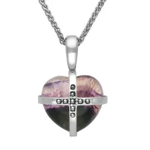 Sterling Silver Blue John Marcasite Small Cross Heart Necklace
