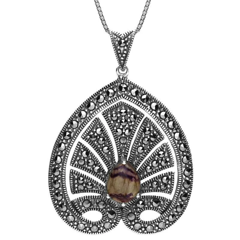 Sterling Silver Blue John Marcasite Style & Fashion Large Leaf Necklace