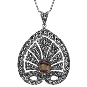 Sterling Silver Blue John Marcasite Style & Fashion Large Leaf Necklace