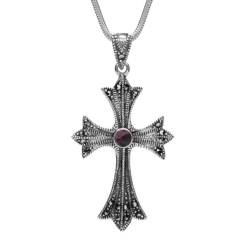 Sterling Silver Blue John Marcasite Three Point Cross Necklace