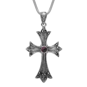 Sterling Silver Blue John Marcasite Three Point Cross Necklace