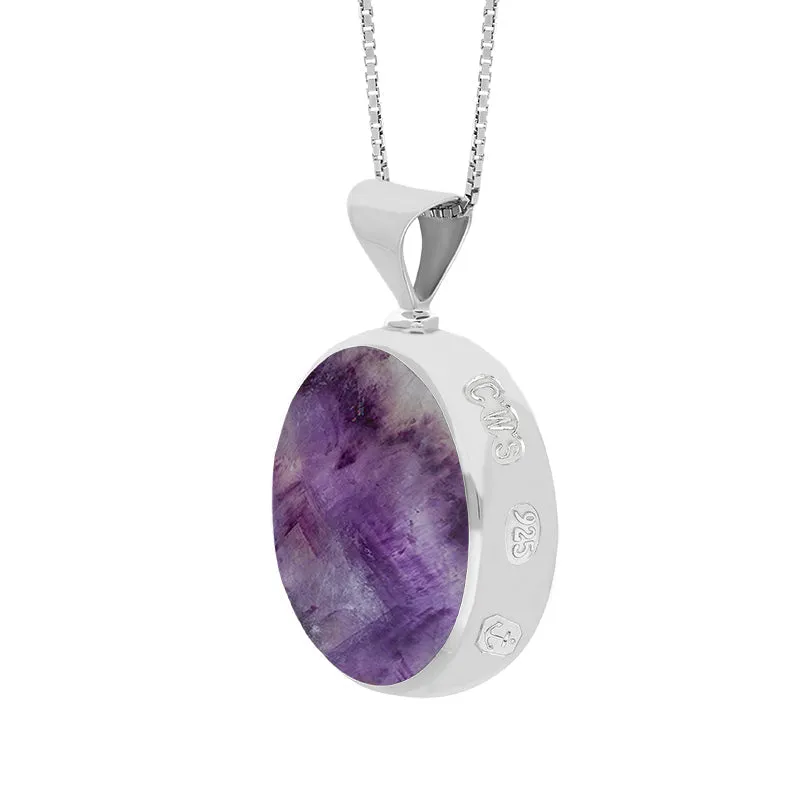 Sterling Silver Blue John Mother of Pearl King's Coronation Hallmark Double Sided Round Necklace D