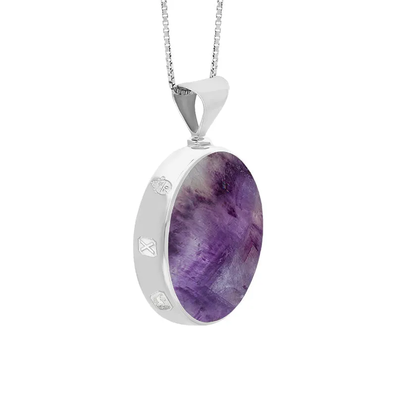 Sterling Silver Blue John Mother of Pearl Queens Jubilee Hallmark Double Sided Round Necklace D