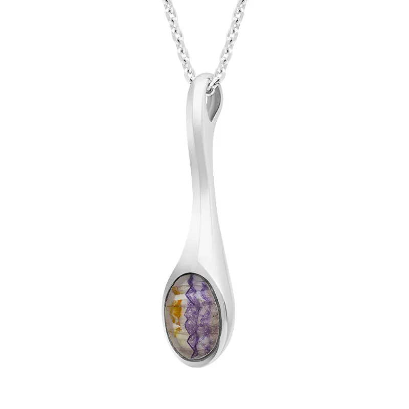 Sterling Silver Blue John Oval Long Tapered Drop Necklace