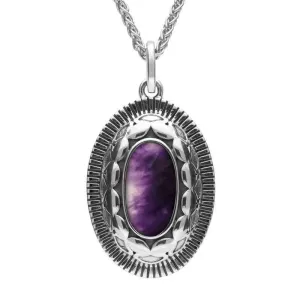 Sterling Silver Blue John Patterned Oxidised Shield Necklace