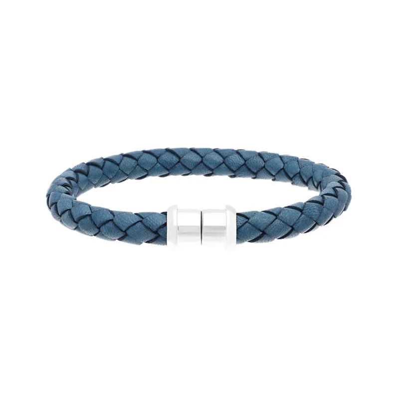Sterling Silver Blue Leather Magnetic Bracelet