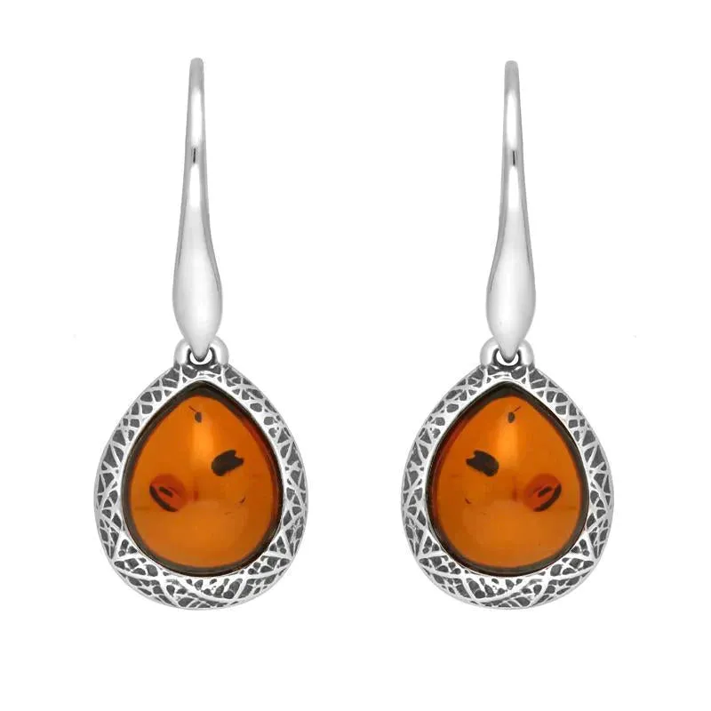 Sterling Silver Cognac Amber Basket Weave Edge Pear Hook Earrings
