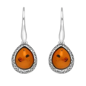 Sterling Silver Cognac Amber Basket Weave Edge Pear Hook Earrings
