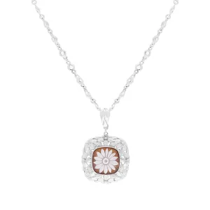 Sterling Silver Cubic Zirconia Cameo Square Flower Necklace D