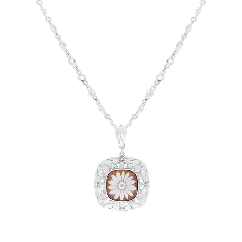 Sterling Silver Cubic Zirconia Cameo Square Flower Necklace D