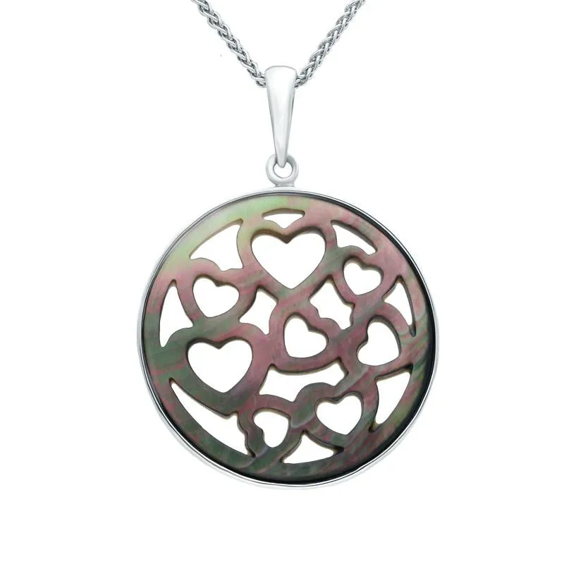 Sterling Silver Dark Mother of Pearl Large Heart Cut Out Round Necklace