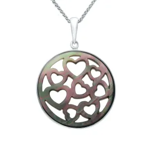 Sterling Silver Dark Mother of Pearl Large Heart Cut Out Round Necklace