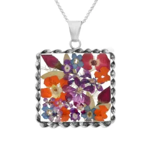 Sterling Silver Floral Bright Petal Large Square Necklace D