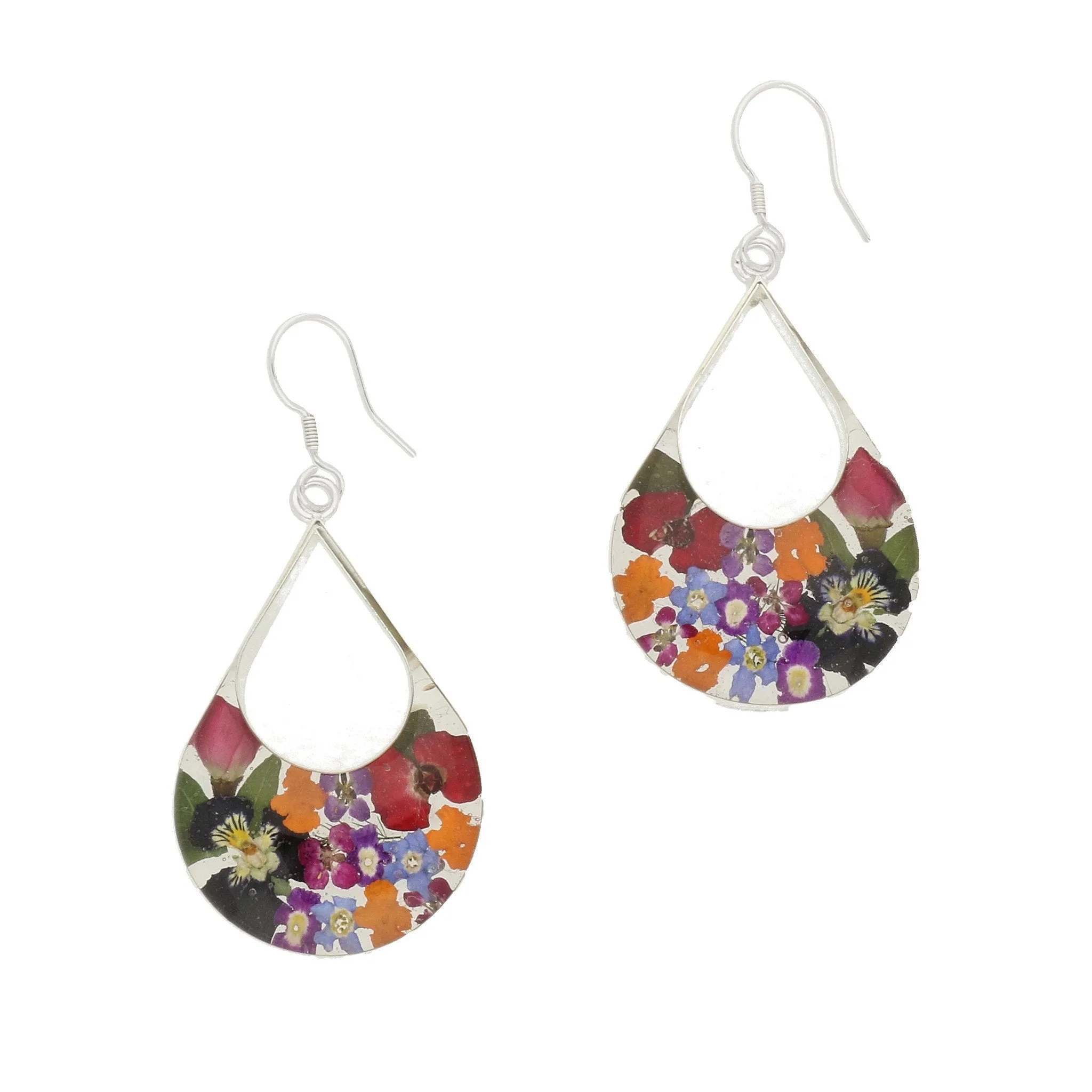 Sterling Silver Floral Mixed Petal Double Teardrop Drop Earrings
