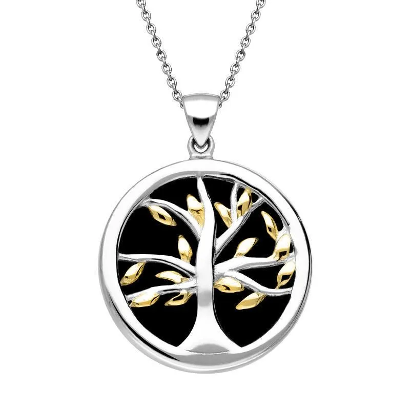 Sterling Silver Gold Plate Whitby Jet Medium Round Tree of Life Necklace