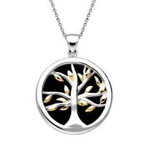 Sterling Silver Gold Plate Whitby Jet Medium Round Tree of Life Necklace