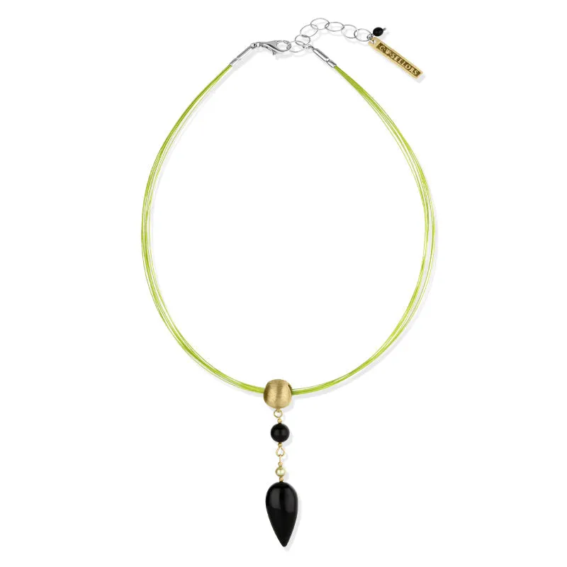 Sterling Silver Gold Plated Whitby Jet Pear Drop Green Wire Necklace D