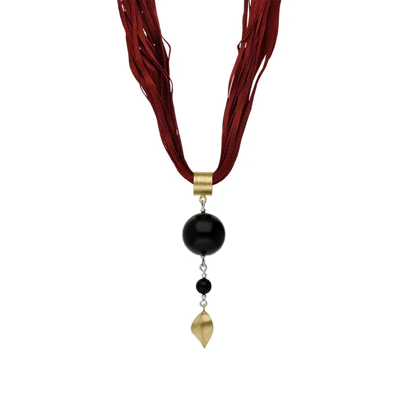 Sterling Silver Gold Plated Whitby Jet Red Silk Leaf Necklace D