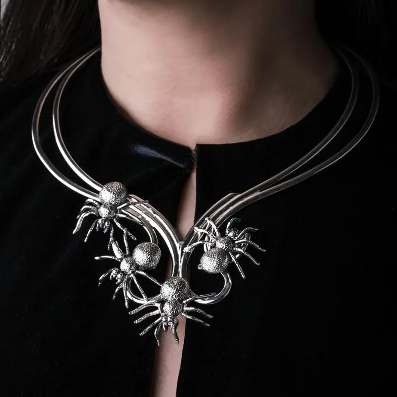 Sterling Silver Gothic Spider Collar Necklace