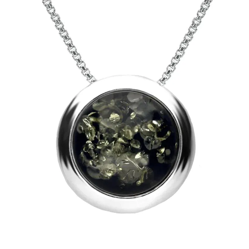 Sterling Silver Green Amber Round Ribbed Edge Necklace