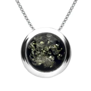 Sterling Silver Green Amber Round Ribbed Edge Necklace