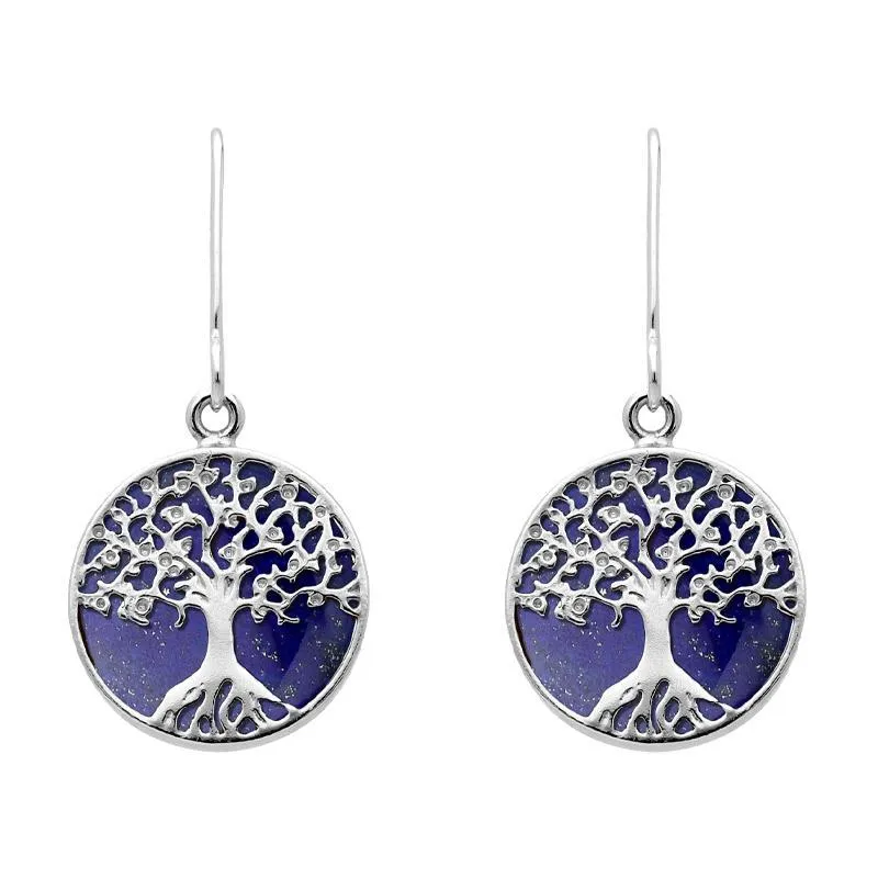 Sterling Silver Lapis Lazuli Round Tree of Life Drop Earrings