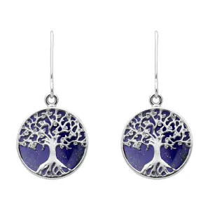 Sterling Silver Lapis Lazuli Round Tree of Life Drop Earrings