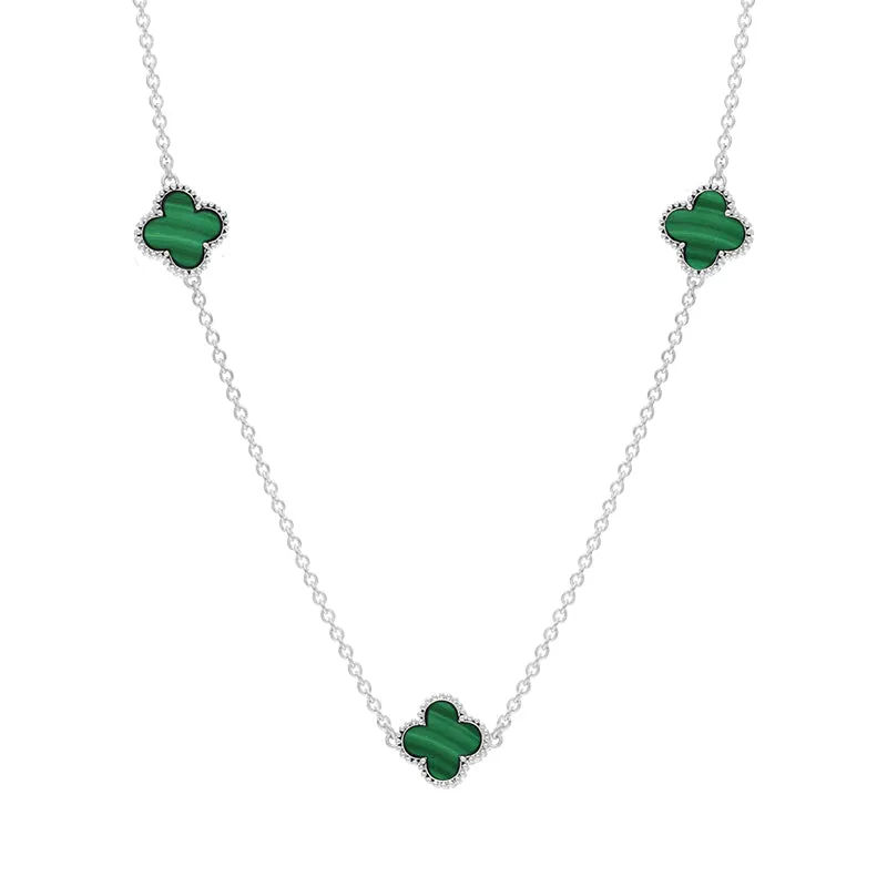 Sterling Silver Malachite Bloom Four Leaf Clover Ball Edge Necklace