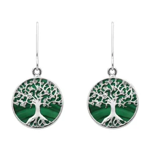 Sterling Silver Malachite Round Tree of Life Drop Earrings