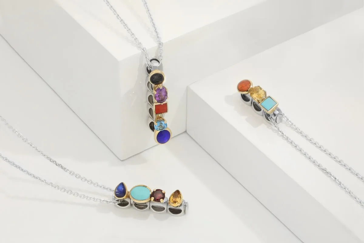 Sterling Silver Moonstone Blue Topaz Whitby Jet Stepping Stones Four Charm Necklace