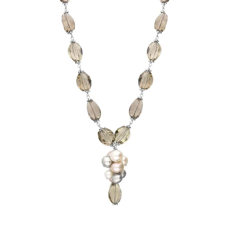Sterling Silver Multi-coloured Pearl and Quartz Bead Drop Necklace D