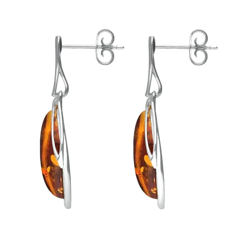 Sterling Silver Orange Amber Open Marquise Drop Earrings