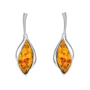Sterling Silver Orange Amber Open Marquise Drop Earrings