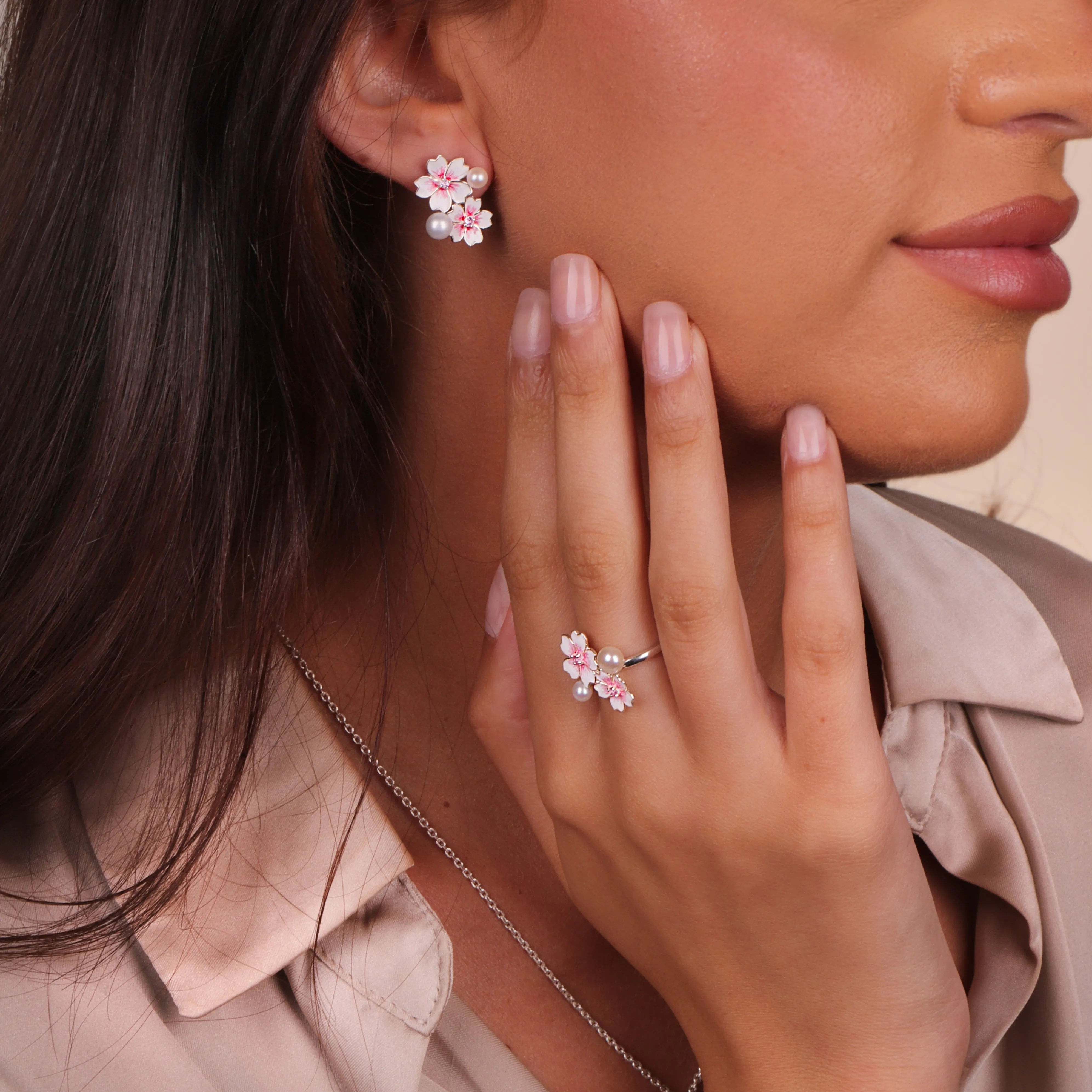 Sterling Silver Pearl & Pink Sapphire Double Cherry Blossom Stud Earrings