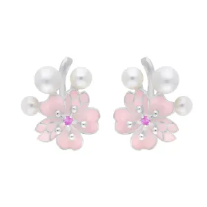 Sterling Silver Pearl and Pink Sapphire Cherry Blossom Stud Earrings