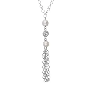 Sterling Silver Pearl Double Stone Tassel Drop Necklace