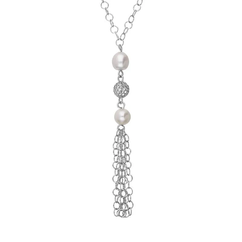 Sterling Silver Pearl Double Stone Tassel Drop Necklace