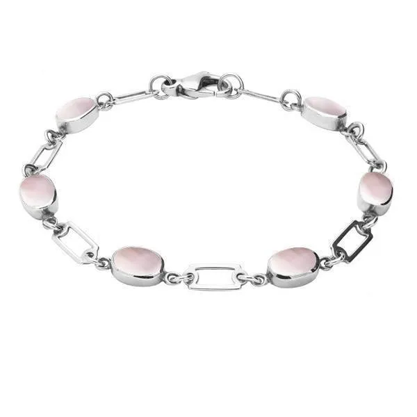 Sterling Silver Pink Mother of Pearl Oval Linked Bracelet