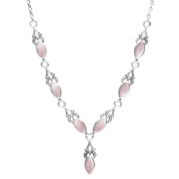 Sterling Silver Pink Mother of Pearl Seven Stone Marquise Necklace