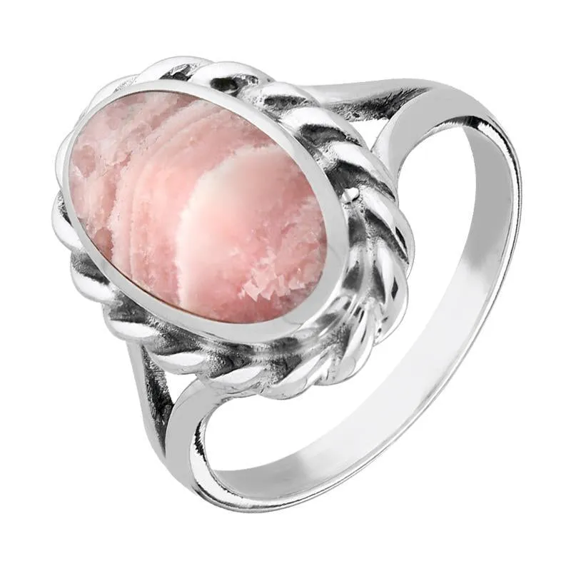 Sterling Silver Rhodochrosite Heavy Oval Rope Edge Ring