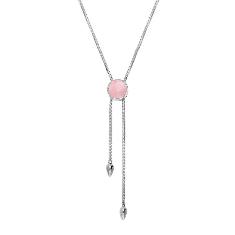 Sterling Silver Rose Quartz Lineaire Round Stone Adjustable Necklace