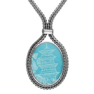 Sterling Silver Royal Crown Derby Mikado Blue Foxtail Small Oval Necklace D