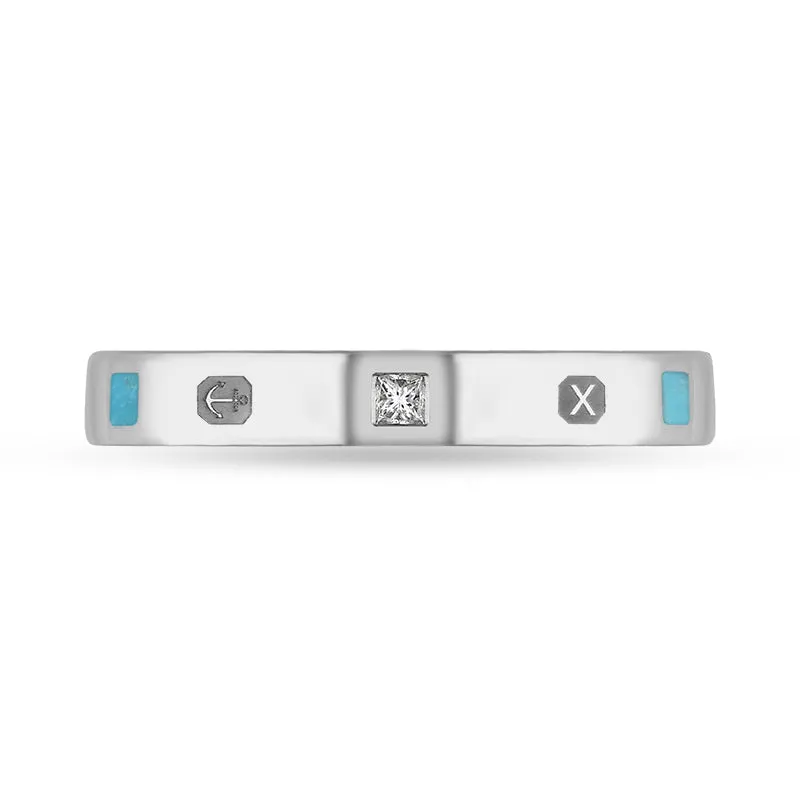 Sterling Silver Turquoise 0.05ct Diamond Queen's Jubilee Hallmark Princess Cut 3mm Ring D