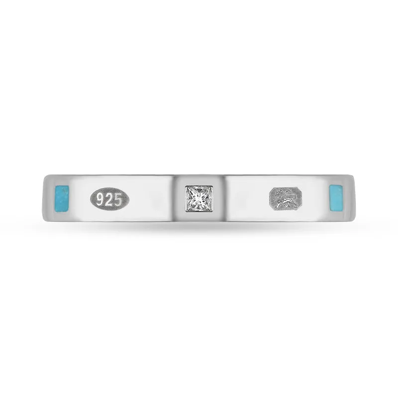 Sterling Silver Turquoise 0.05ct Diamond Queen's Jubilee Hallmark Princess Cut 3mm Ring D