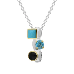 Sterling Silver Turquoise Blue Topaz Whitby Jet Stepping Stones Three Charm Necklace